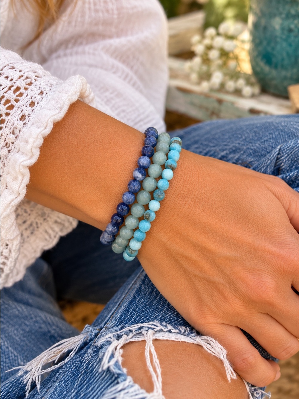 Hand Crafted Blue Gemstone Beaded Stackable Bracelet Set - Women Jewelry
